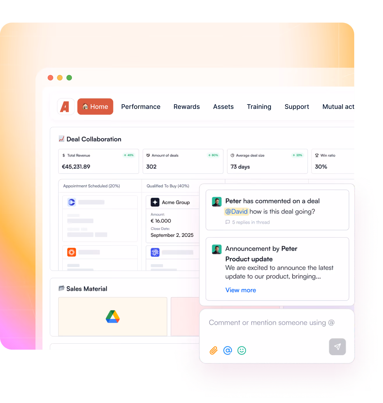 Dashboard showing deal collaboration metrics, comments by Peter, and sales material icons.