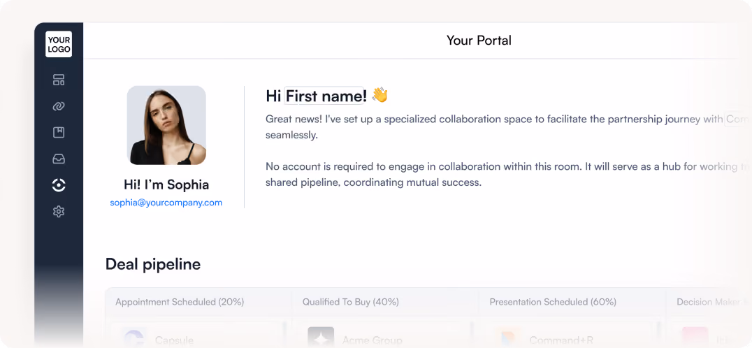 Business portal interface showing user Sophia, greeting message, and a deal pipeline section.