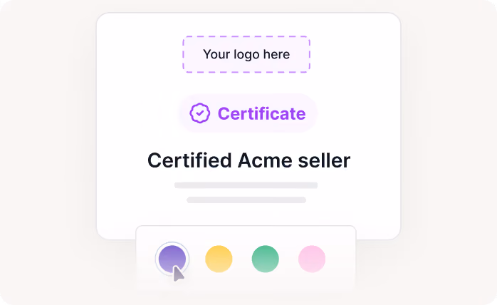 Digital certificate design showing a 'Certified Acme seller' label and color selection options.