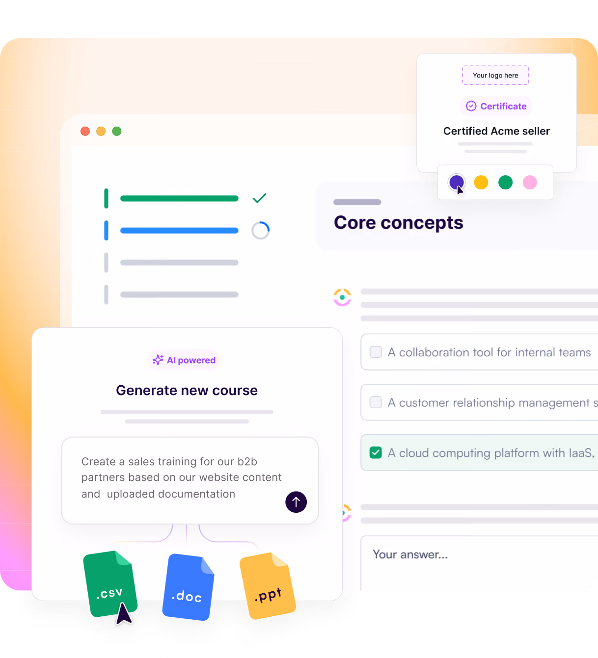 AI-powered interface generating a new course for sales training with .csv, .doc, .ppt files shown.