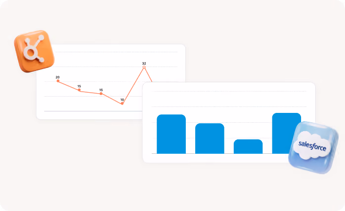 Two charts: orange line graph with data points, blue bar chart, including HubSpot and Salesforce icons.
