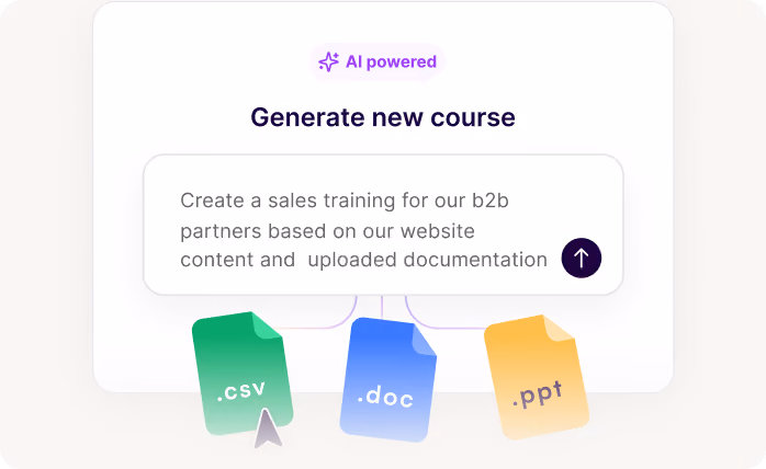 AI-powered interface to generate a new course using website content and uploaded CSV, DOC, and PPT files.