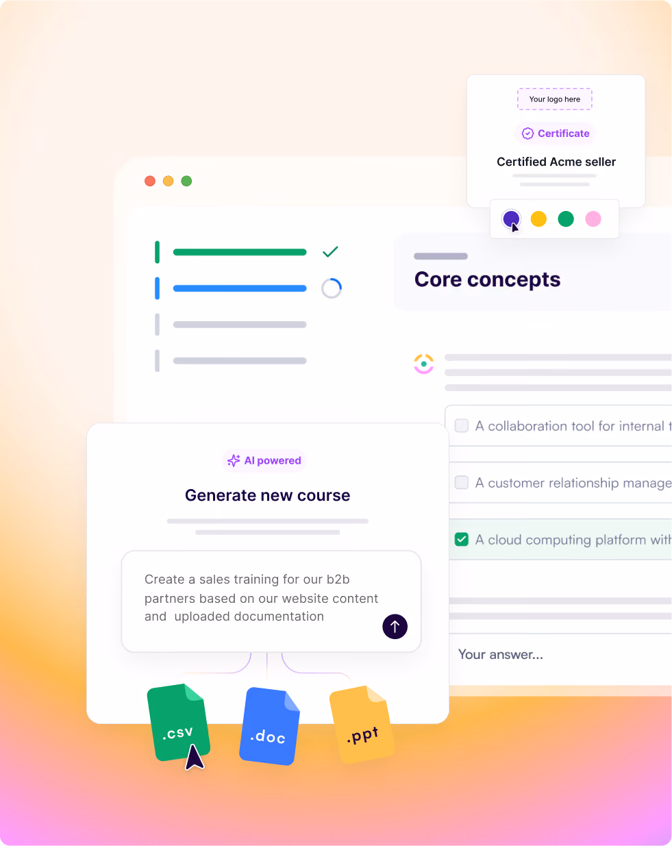 User interface showing AI-powered course generation from uploaded .csv, .doc, and .ppt files and course content.