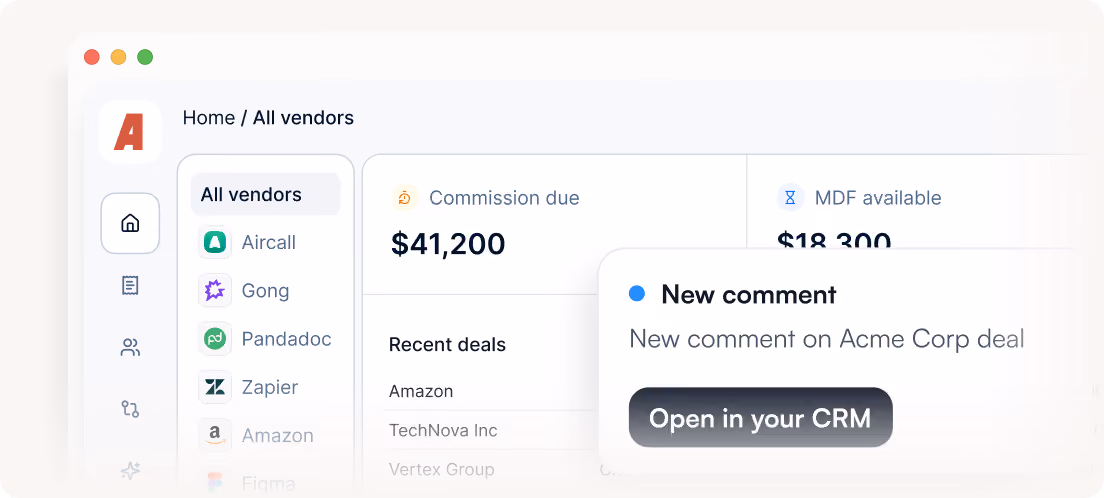 Dashboard of vendor commissions showing $41,200 due, recent deals, and a new CRM comment alert.