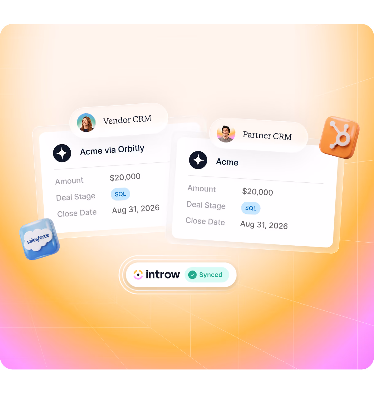 Two CRM deal cards showing $20,000 deals for Acme with SQL stage and synced status by Introw.