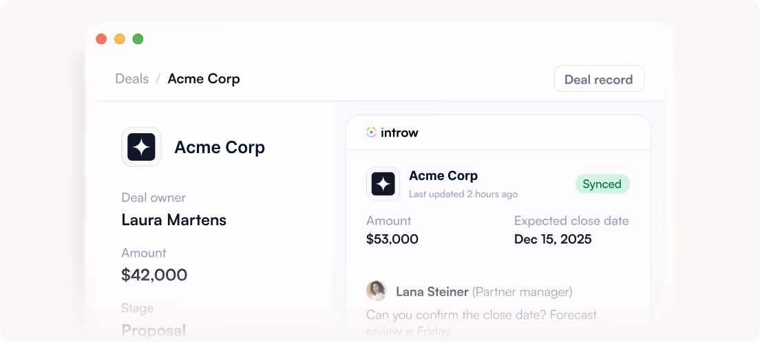CRM interface showing Acme Corp deal details with owner Laura Martens and amount $42,000.