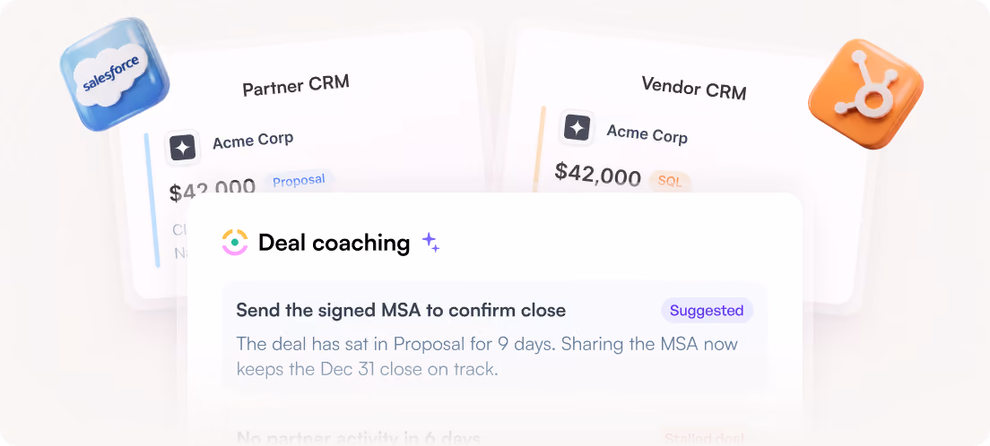 Deal coaching interface showing partner and vendor CRM cards with $42,000 deals from Acme Corp.