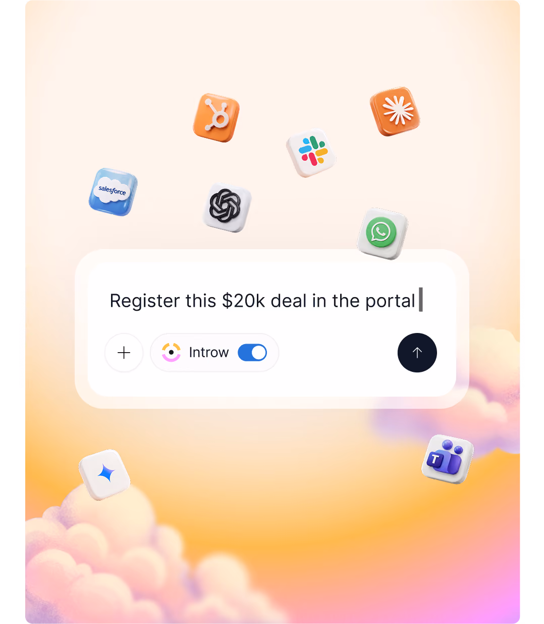 Floating app icons with a message box saying Register this $20k deal in the portal and Introw toggle on.