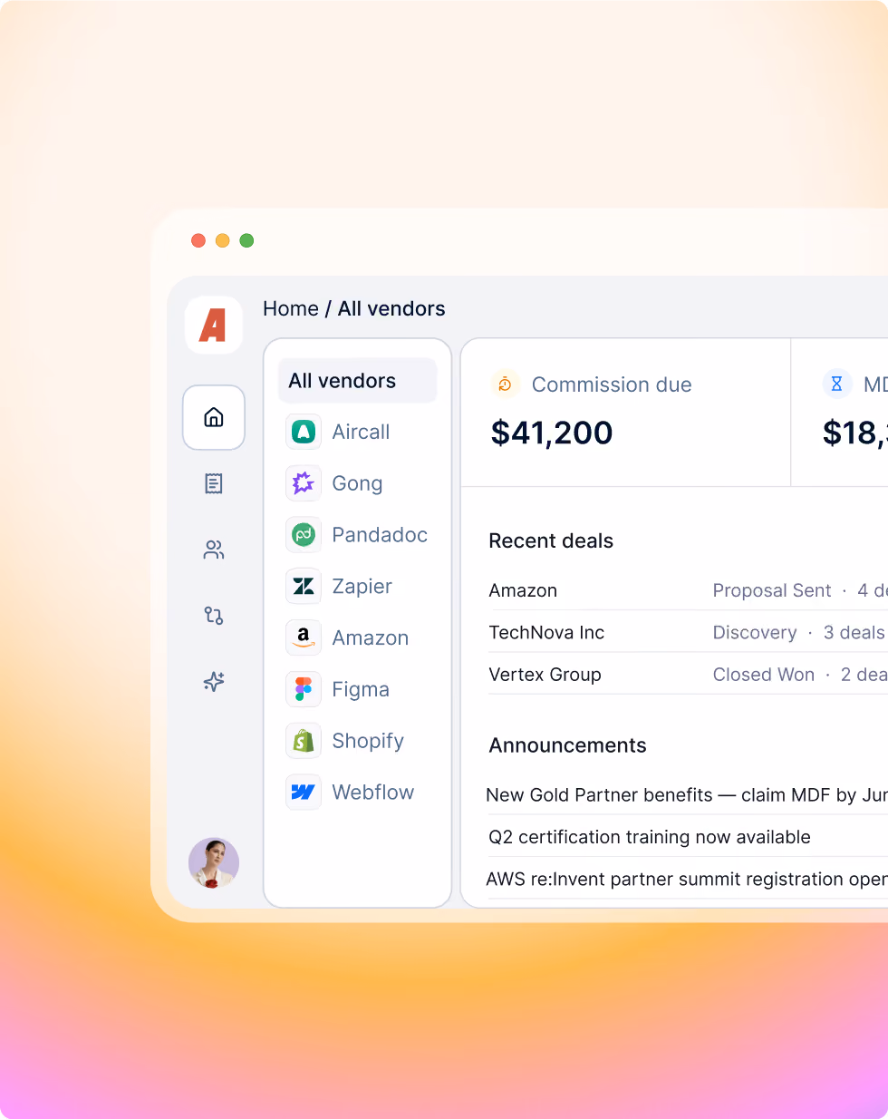 Dashboard interface showing vendors list, commission due $41,200, recent deals, and announcements.