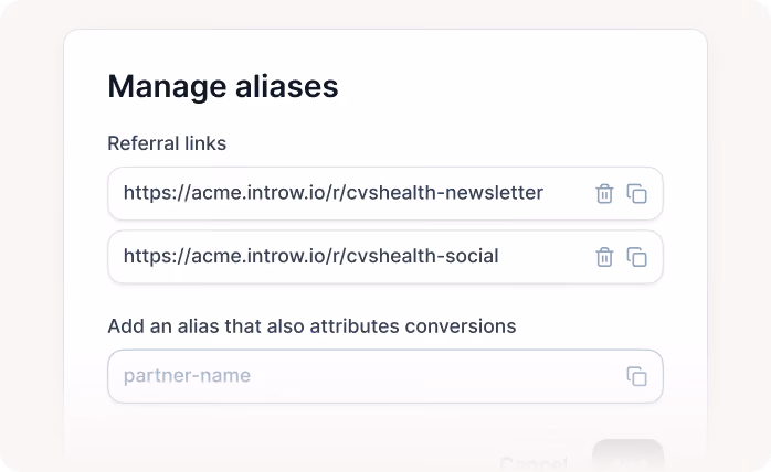 User interface showing Manage aliases with referral links and an input to add a conversion-attributing alias.