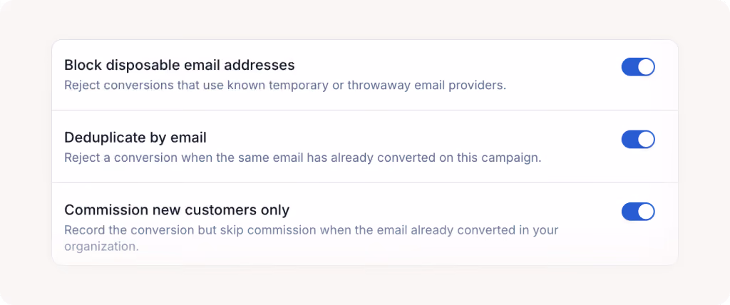 Settings toggles for blocking disposable emails, deduplicating by email, and commission for new customers only.
