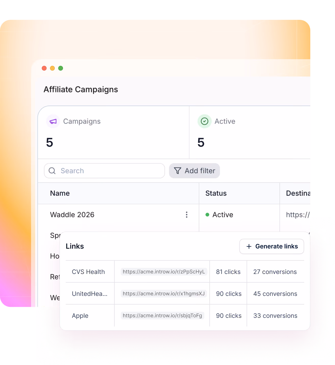 Dashboard showing 5 active affiliate campaigns with links, clicks, and conversion stats for CVS, UnitedHealth, and Apple.