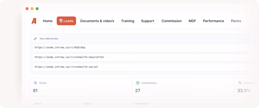 Dashboard showing referral links with 81 clicks and 27 conversions at 33.3% conversion rate.