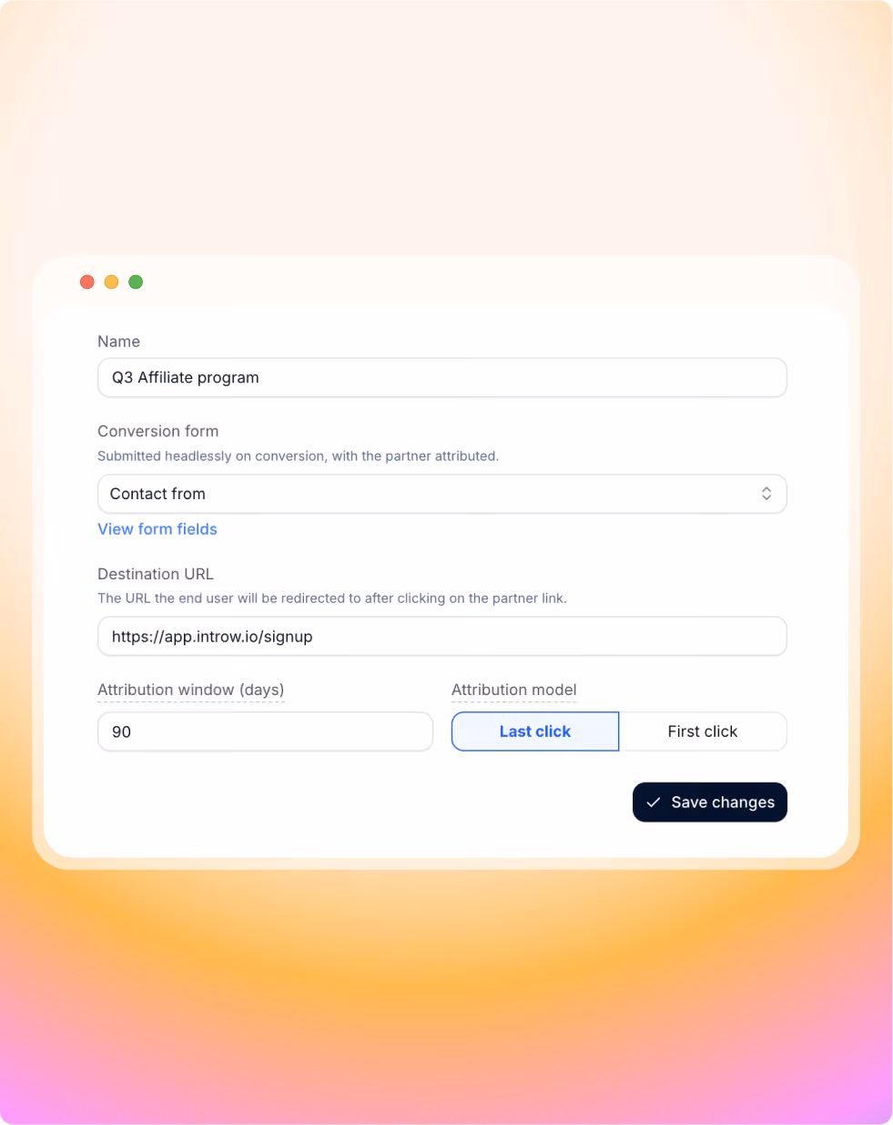 Settings panel for Q3 Affiliate program with fields for form, destination URL, attribution window, and model selection.