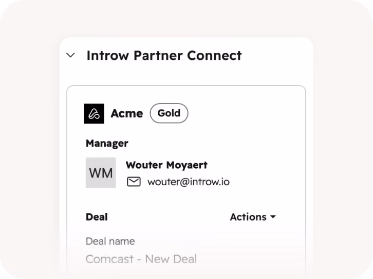 Introw Partner Connect panel showing Acme Gold partner with manager Wouter Moyaert and email wouter@introw.io.