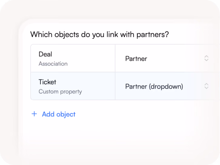 Table showing objects linked with partners: Deal (Association) and Ticket (Custom property) with partner fields.