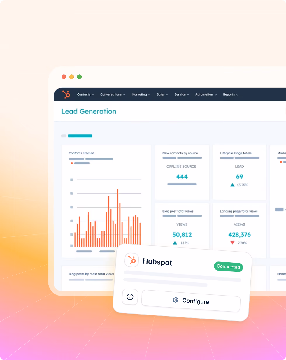 Dashboard screen showing lead generation stats and HubSpot integration status as connected with a configure button.
