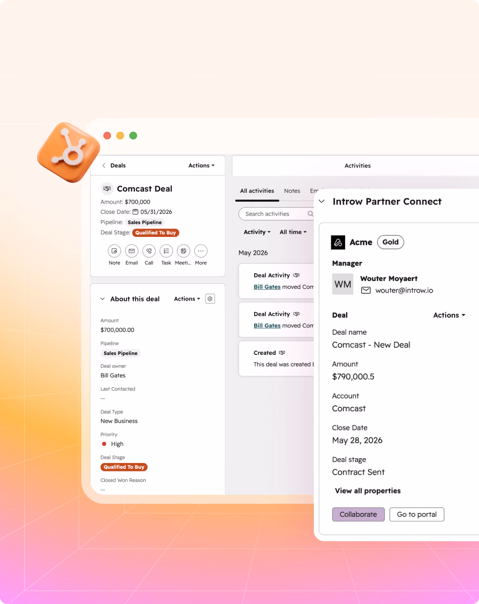 Screenshot of a software interface showing deal details and partner connect features for Comcast deals.
