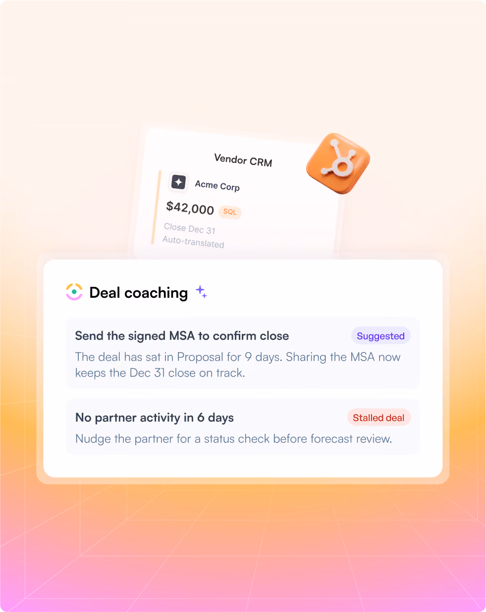 Dashboard showing deal coaching suggestions and a $42,000 vendor CRM deal with Acme Corp.