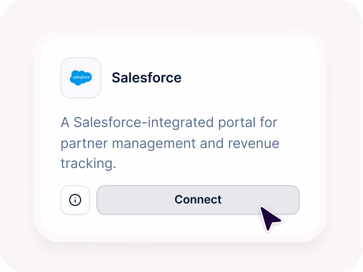 Salesforce app card with description and a Connect button showing a pointer cursor.
