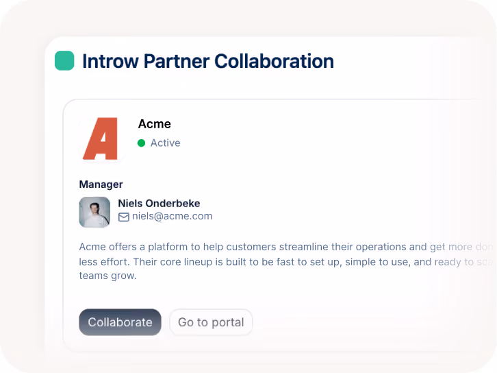 Interface showing Acme partner profile with manager info, status active, description, and collaborate button.