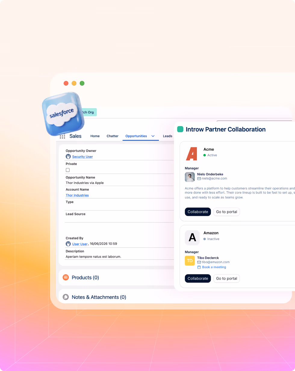 Salesforce interface with opportunity details and Introw Partner Collaboration showing managers from Acme and Amazon.