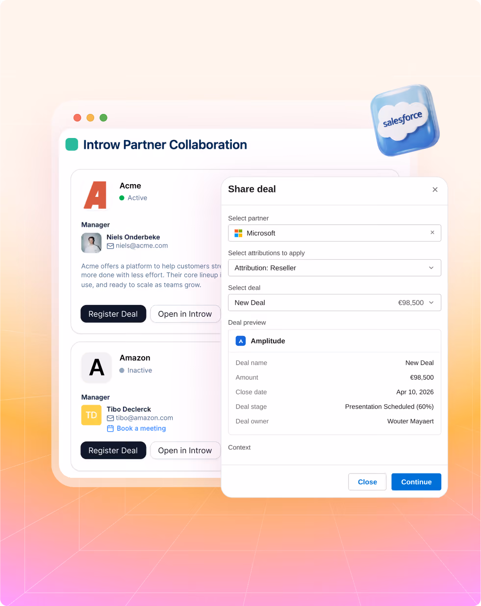 Introw Partner Collaboration interface showing deal registration and sharing options with Salesforce and Microsoft.