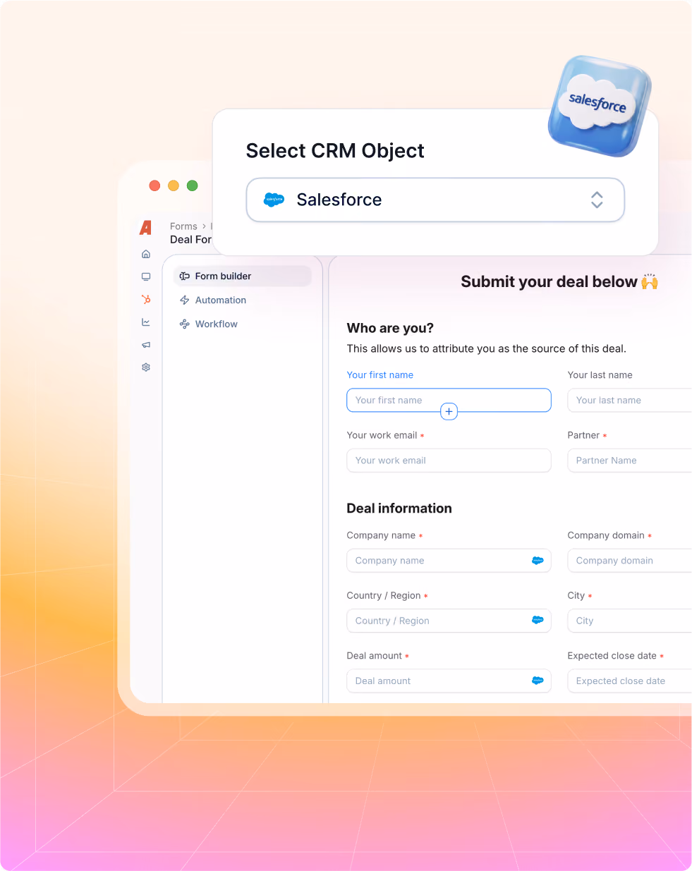 CRM form interface showing Salesforce selected and fields for deal submission like name, email, company, and deal details.