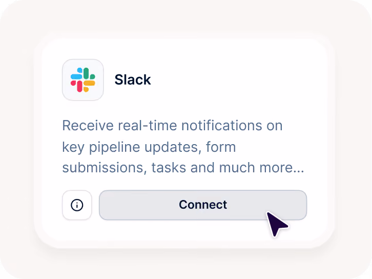 Slack integration card with description about real-time notifications and a Connect button.