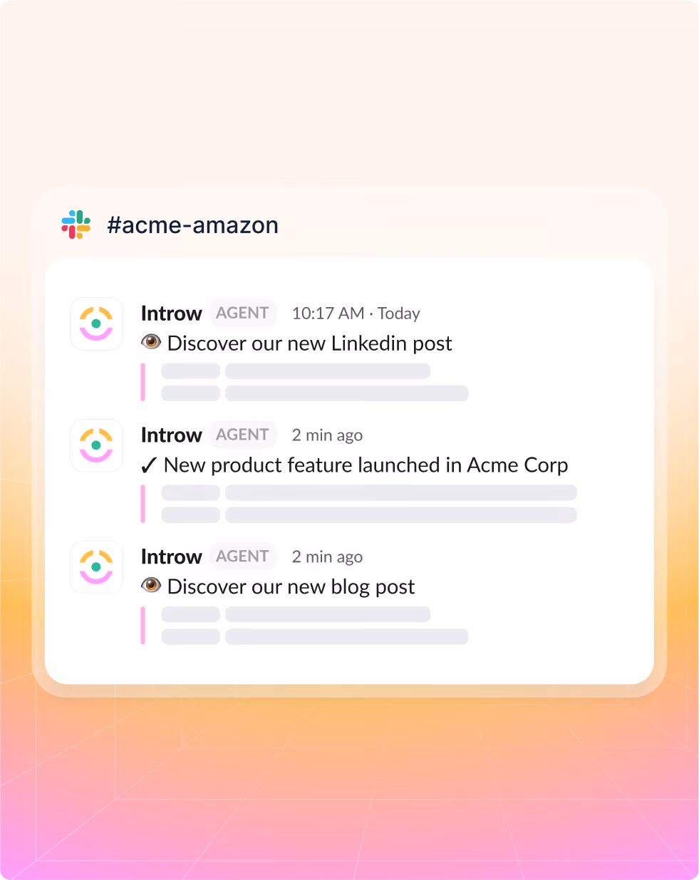 Slack channel #acme-amazon showing messages from Introw about new LinkedIn post, product feature, and blog post.