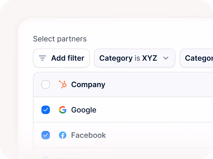 Interface showing partner selection filtered by category with Google and Facebook selected.