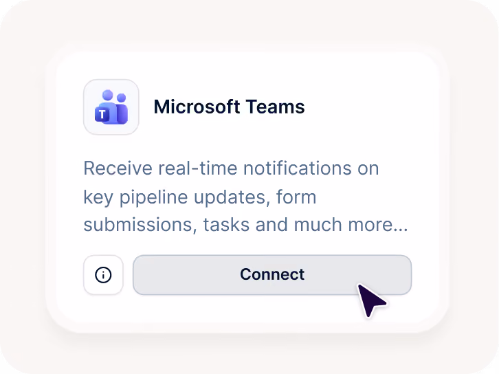 Microsoft Teams app card with connect button and text about real-time notifications on updates and tasks.