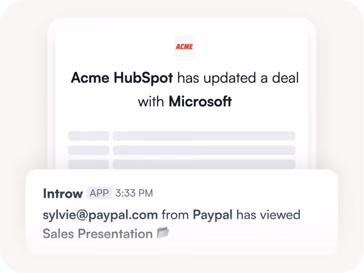 Notification showing Acme HubSpot updated a deal with Microsoft and PayPal viewed Sales Presentation.