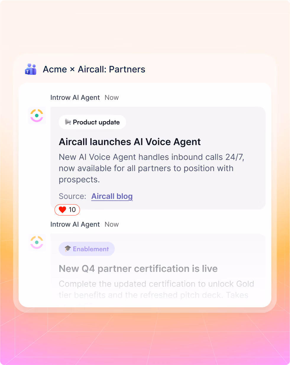 Microsoft Teams chat showing product update Aircall AI Voice Agent launches, handling 24/7 calls for partners.