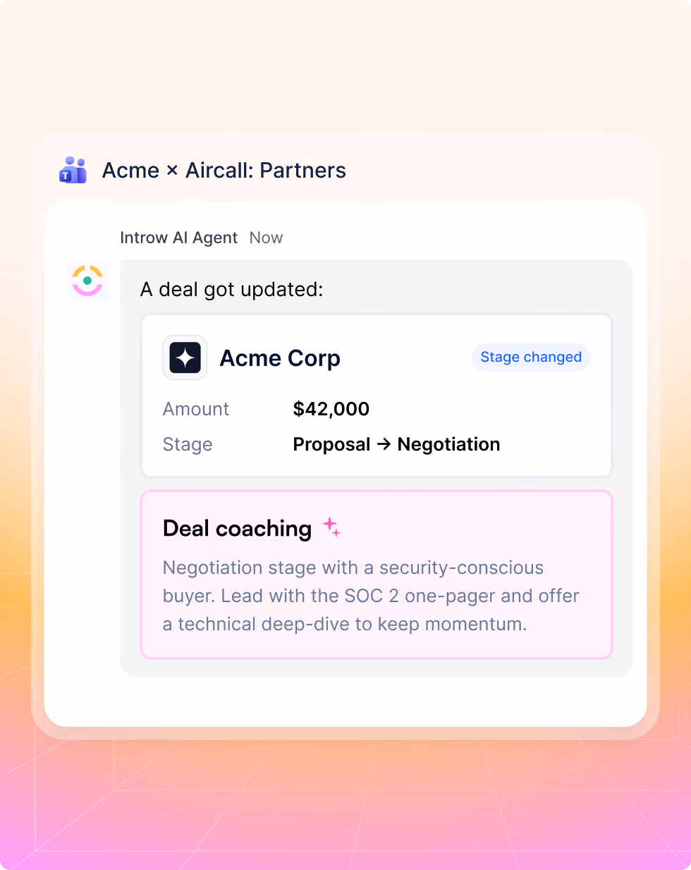 MS Teams message showing Acme Corp deal updated from Proposal to Negotiation with deal coaching advice.