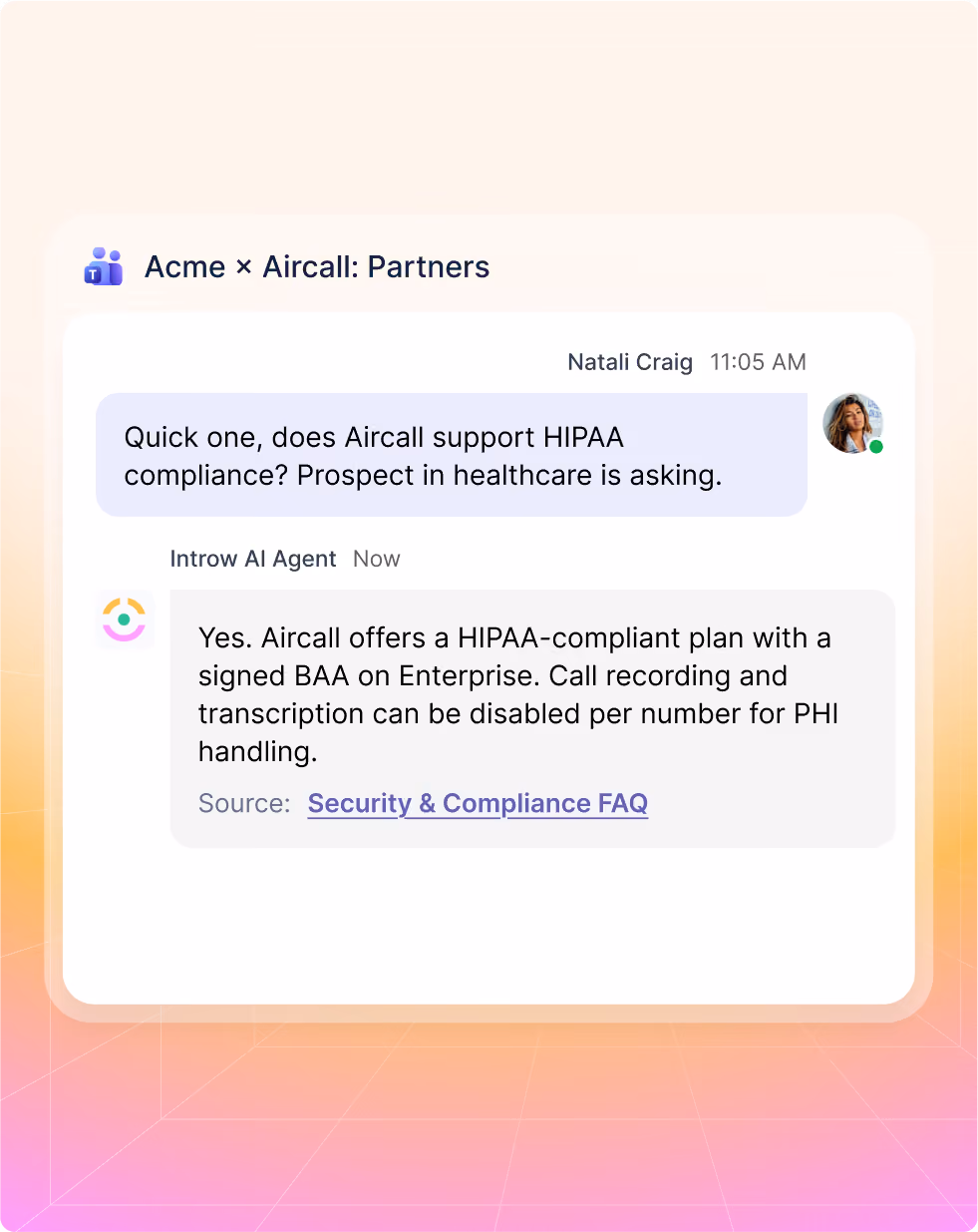 Chat showing Aircall supports a HIPAA-compliant plan with call recording and transcription options for PHI handling.