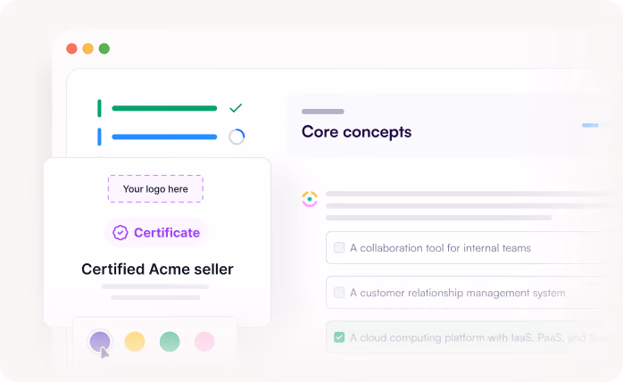 User interface showing a certificate for Certified Acme seller and a Core concepts checklist with one checked item.