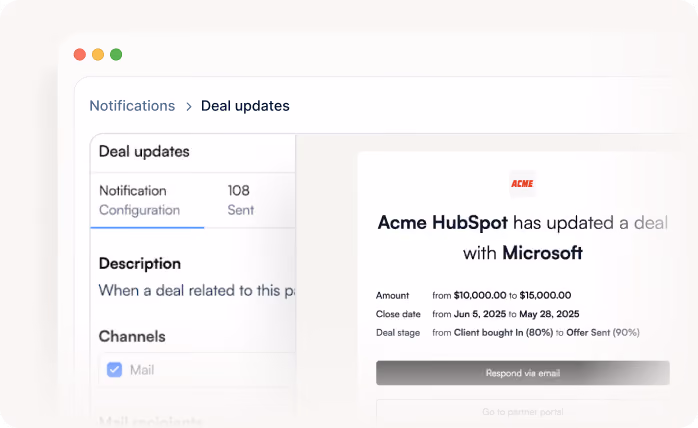 Dashboard showing Acme HubSpot updated a deal with Microsoft, including amount, close date, and deal stage details.