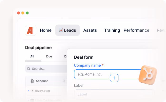 Dashboard interface showing deal pipeline and deal form with company name input field example Acme Inc.