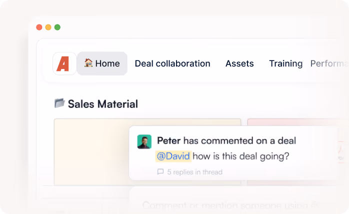 Browser window showing a navigation bar with home and deal collaboration tabs and a comment about a deal.