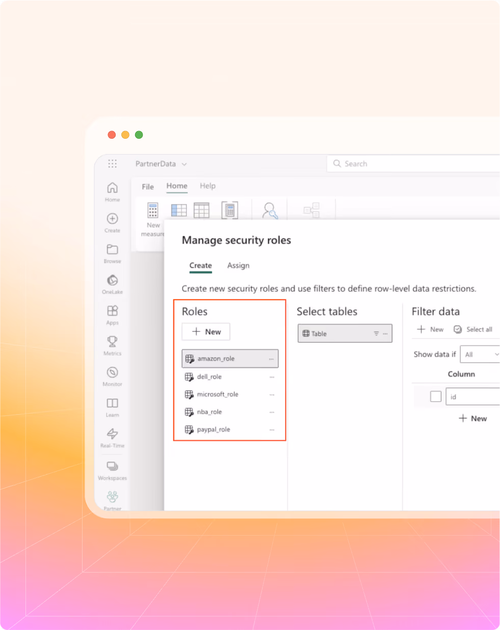 Power BI screen showing management of security roles including amazon_role, dell_role, microsoft_role, nba_role, paypal_role.