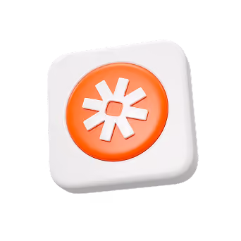 White square tile with a red circle featuring a white starburst symbol in the center - Zapier logo