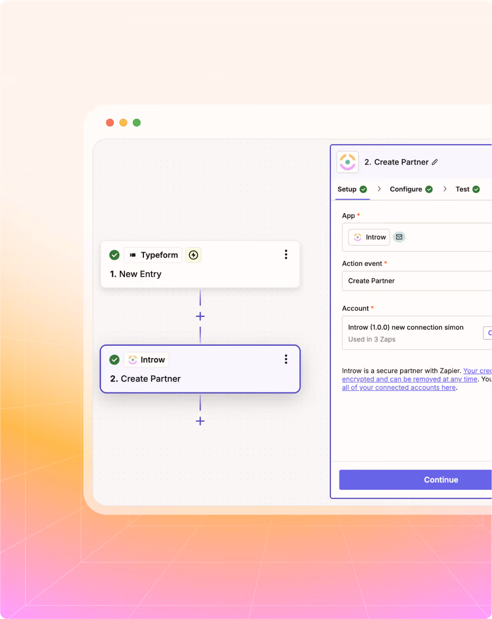 Zapier workflow showing Typeform new entry triggering Introw create partner action in app setup screen.