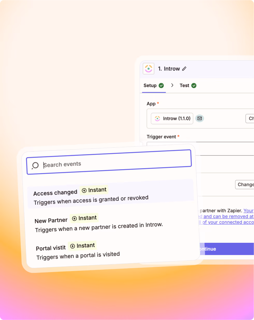 Software interface showing event search with triggers: access changed, new partner, portal visit, all instant.