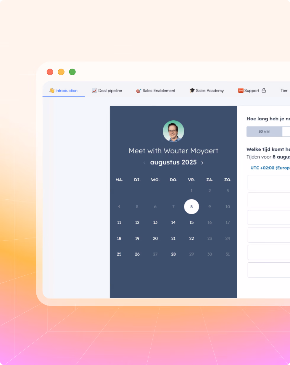Calendar interface showing a meeting with Wouter Moyaert scheduled for August 8, 2025.