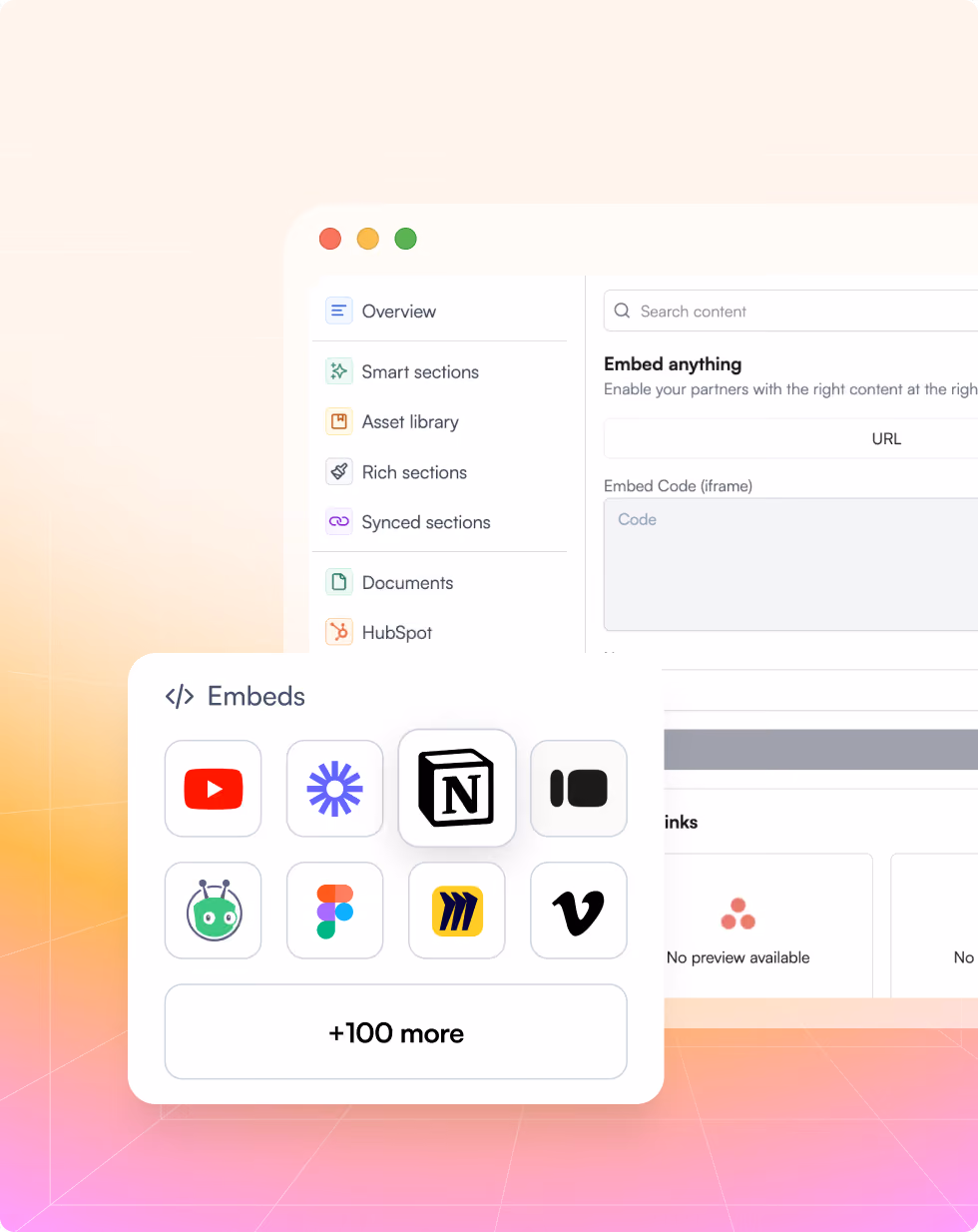 User interface showing options to embed content from platforms like YouTube, Notion, Vimeo, and Figma.