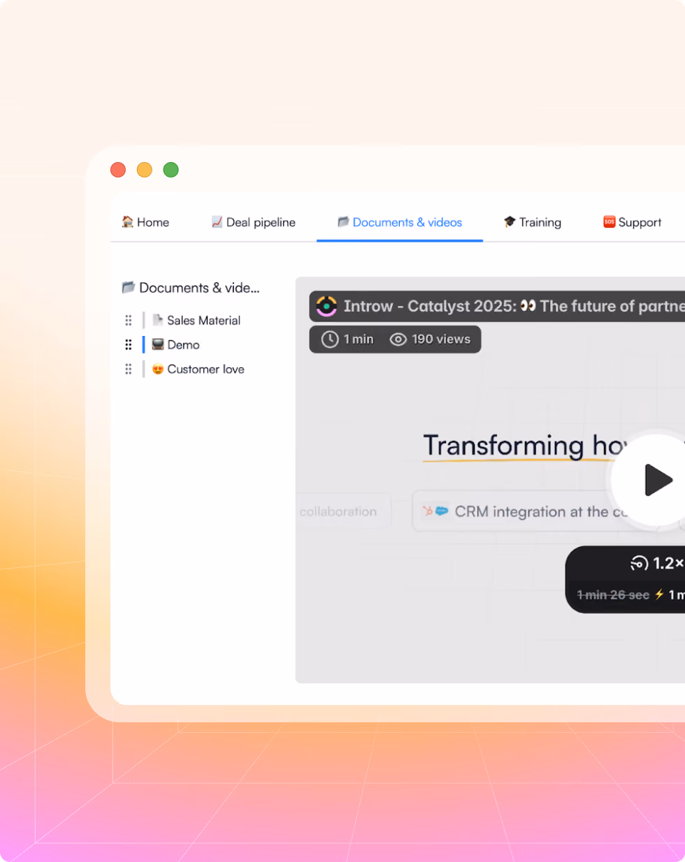 Video player interface showing a playlist with Sales Material, Demo, and Customer love folders in a Documents & videos tab.