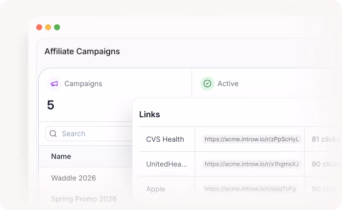 Dashboard showing affiliate campaigns with campaign names, links, and click counts.