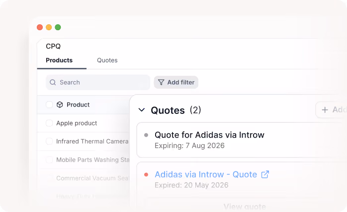 User interface showing CPQ product list with quotes for Adidas, including expiration dates in 2026.