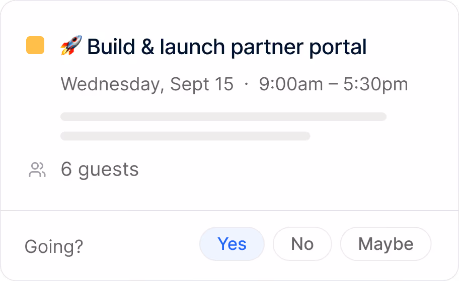 Event card for Build & launch partner portal on Sept 15, 9am–5:30pm with 6 guests and RSVP options Yes, No, Maybe.